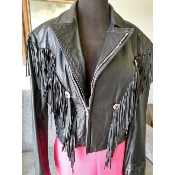 Womans Black Leather Biker Motorcycle Jacket Sz Med Excellent Vtg Fringe Short - Picture 7 of 9